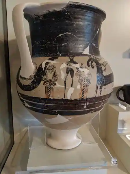 Large Mycenaean ceramic krater decorated with human figures and geometric designs from Late Bronze Age Greece